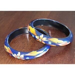 Vintage Hand Painted Wooden Bangles Blue Floral Bracelet Set of 2